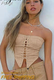 Lace Up Women Patchwork Tube Tanks Bodycon Skinny Sexy Streetwear Party Club 2023 Autumn Winter Festival Crop