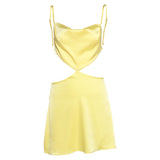 Satin Sexy Hollow Out Mini Dress Women Yellow Spaghetti Strap High Waist Women Dress Summer Slim Fashion Streetwear