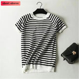 Sleeve Knit Pullover Tops Women Spring Summer Stripe Tshirts Korean White Black Knitwear Jumper Tee New