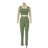 Fongt 2023 New Solid Color Short Crop Sling Top, High-Waist Trousers And Two-Piece Sets-Outfit
