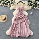 Fongt Goddess Fan Design Sense Square Neck Sling Sling Sling Folds To The Waist Lotus Leaf Dress Girl Dress Dress