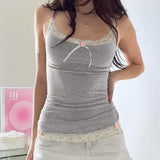 Harajuku Grey Lace Patchwork Crop Top Cute Bow Strap Tops Women Vintage 2000s Summer Tees Y2k Basic Street Style Fashion-Outfit