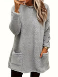 Fongt Women's Autumn And Winter New Long-Sleeved Round-Neck Casual Loose Plush Wear Pocket Top Woman