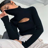 Long Sleeve 2020 Turtleneck Hollow Out T Shirt Women Black Basic Knitted Top Autumn Winter Casual Sexy Top Shirts