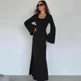 Fongt Women's New Autumn New Fashion Loose U-Neck Back With Long-Sleeved Dress-Outfit