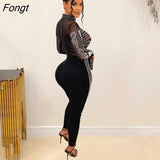 Diamonds Sheer Mesh Jumpsuit Women Sexy See Through Mock Neck Long Sleeve Slim Night Clubwear Female Party