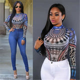 Women Bodysuits Ethnic Sexy Long Sleeve Shirt Jumpsuit Bodysuit Stretch Leotard Slim Print Bodycon Summer Bodysuit Tops-Outfit