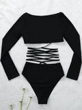 Long Sleeve Bikini Women Solid Black Hollow Out Bandage Arround Two Piece Swimsuit Sport Bathing Suit High Waist