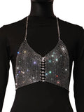Women Trendy Shiny Rhinestone Crop Top Glitter Crystal Mesh Fishnet See Through Backless Tank Top for Women Y2K Halter