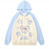 Sky Blue Cotton Zipper Hoodie Jackets Kitten Cats Cute Y2K Print Sweatshirt Coat Loose Oversized Korean Kawaii