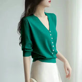 Pearl Button Knit Tops Women Candy Color V-neck Summer Tshirts V-neck Half Sleeve Tee Slim Knitwear Jumper Casual