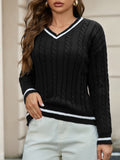 Fongt Women's Temperament V-Neck Long-Sleeved Sweater Fashion Jersey Thread White-Bordered Cuffs Knitted Top