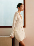 Fongt Summer New Set Knitted Hollow Deep V Collar Long Sleeves Shirt Casual Skirt