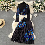 New Advanced Casual Women's Elastic Long Sleeve Pleated Top+High Waist Pleated Half Skirt Printed Skirt 2-piece Set-Outfit