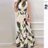 Fongt Summer New Hanging Neck Tie Print Lotus Leaf Dress Woman