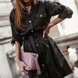Vintage Front Pockets Sashes PU A Line Dress Turn Down Collar Solid Button Mini Dress 2020 New Autumn Fashion Women