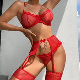 Sex Lingerie New Sexy Female Grid Splicing Eyelash Lace Hanging Chain Bow Garter