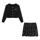 Sweet O-neck Long Sleeve Knitted Cardigan+ Y2k E-Girl High Waist Flower Print Ruched Skirts Spring New Two Piece Sets-Outfit