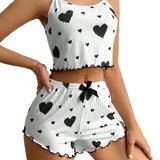 Summer New 2024 Knitted Pit Strip Love Print Design Sweet Sling Shorts Pure Pyjamas