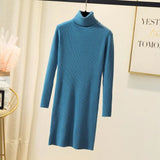Office Lady Slim Pit Knitted Sweater Dress Long Sleeve Turtleneck Solid High Street Casual Dress 2021 Winter Fashion