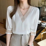 Spring Office Lady Long Sleeve Blouse Fashion Solid V Neck Chiffon Blouses Women Tops Plus Size Clothing Loose Blusas