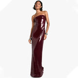 Burgundy Sequin Tube Maxi Dress With Off-shoulder Feather Shawl Set-Outfit