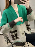 Splices Sweater Cardigan Jackets Women Letter Print Slim Knit Coat Casual Soft Knitwear Gilet V-neck Malhas Abrigos