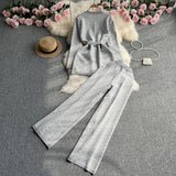 Fongt Suit Female Casual Temperament V Collar Waist Belt Knit Cardigan Jacket Three Piece Set High Waist Wide Leg Pants-Outfit