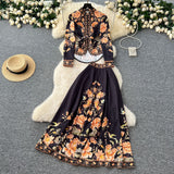 Fongt Dress Dress Woman 2025 New French Waist Bubble Sleeve Print Top High Waist Swing Long Skirt