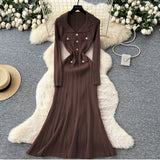 Fongt Fragrant Elegant Collar Long Sleeve Metal Buckle Waist Knitted Dress Autumn Thin Long Dress