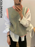2022 Y2K New Women Sweaters Vest Sleeveless Oversized Spring Vintage Checkered Waistcoat Lady Tops