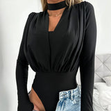 Women Fashion Solid Bodysuit Rompers Summer Elegant Long Sleeve Slim Jumpsuits Ladies Sexy Commuter All-match Pleated