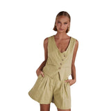 Fongt Spring / Summer 2024 Casual Fashion Single Breasted Vest V-Neck Shorts Suit Women 88221-Outfit