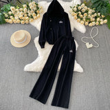 Fongt Wind Pink Tie With Thin Hooded Knitted Long-Sleeved Sweater High-Rise Broad Leggings Embroidery Set