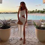Spaghetti Strap Hollow Out Long Dress Summer Club Street Party Beach Dresses Women Sleeveless Drawstring Split