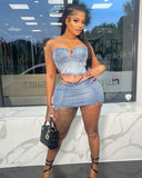 Fongt Women's Dress Dress Girl Sexy Breasted Denim Top Open Mini Skirt