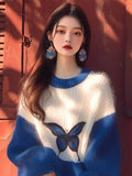 Fongt Early Autumn New Sweater Small Korean Languid Wind Hit Klein Blue Butterfly Print Knitting Top
