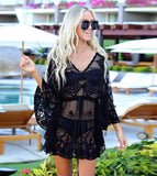 Fongt New Knitted Women's Lace Mesh Embroidery Bikini Beach Dress