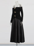 Temperament Famous Wind Style Long Dress 2025 New Bosom One-Word Shoulder Design Long-Sleeved Pin Waist Dress