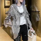 Clothing Sequined Pockets Shirt Casual Hooded Spring Summer Zipper Ruffles Spliced Korean Shirring Drawstring Midi Blouse-Outfit