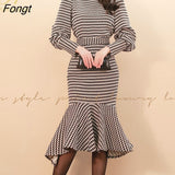 Han Queen 2 Pieces Suit Women 2020 Autumn O-neck Crop Top And Sheath Mermaid Skirts Elegant Slim Plaid Occupation Skirt