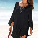 Women Summer Dress Sexy Tunic For Beach Casual Dress O-Neck Lace Patchwork Mini Beach Dress White