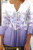 Floral Print Summer Blouse Women Elegant Simple Shirt V Neck Button 3/4 Length Sleeve Casual Holiday Basic Tops