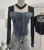 Fongt Hollow Hanging Neck Cowboy Splicing Mesh Strap With Irregular Long-Sleeved T-Shirt Short Top 88882