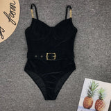 Solid White Buckle One Piece Swimsuit Women High Cut Metal Chain Strap Push Up Bra Monokini Bathing Suit Bodysuit