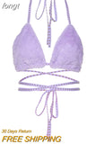 Womens Sexy Halter Lace-up Bikini Bra Deep V-Neck Fluffy Plush Crop Top Vest Backless Cross Strap Bralette
