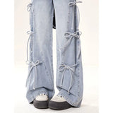 Fongt Tie Jeans Women Autumn New Retro Loose Broad Legs Drag Long Pants Ins