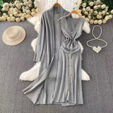 Fongt Temperament Long Knitted Shawl Coat + Light Luxury Metal Buckle Vest Dress Set