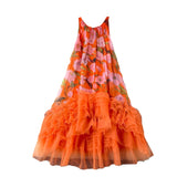 Fongt Retro Court Style Design With A Sense Of Fashion Print Splicing Mesh Tau Pong Irregular Lotus Leaf-Side Dress Woman