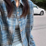 Fongt Plaid Long-Sleeved Shirt Women Spring And Autumn Loose Thin Oversize Harajuku Wind Leisure Shirt Tide